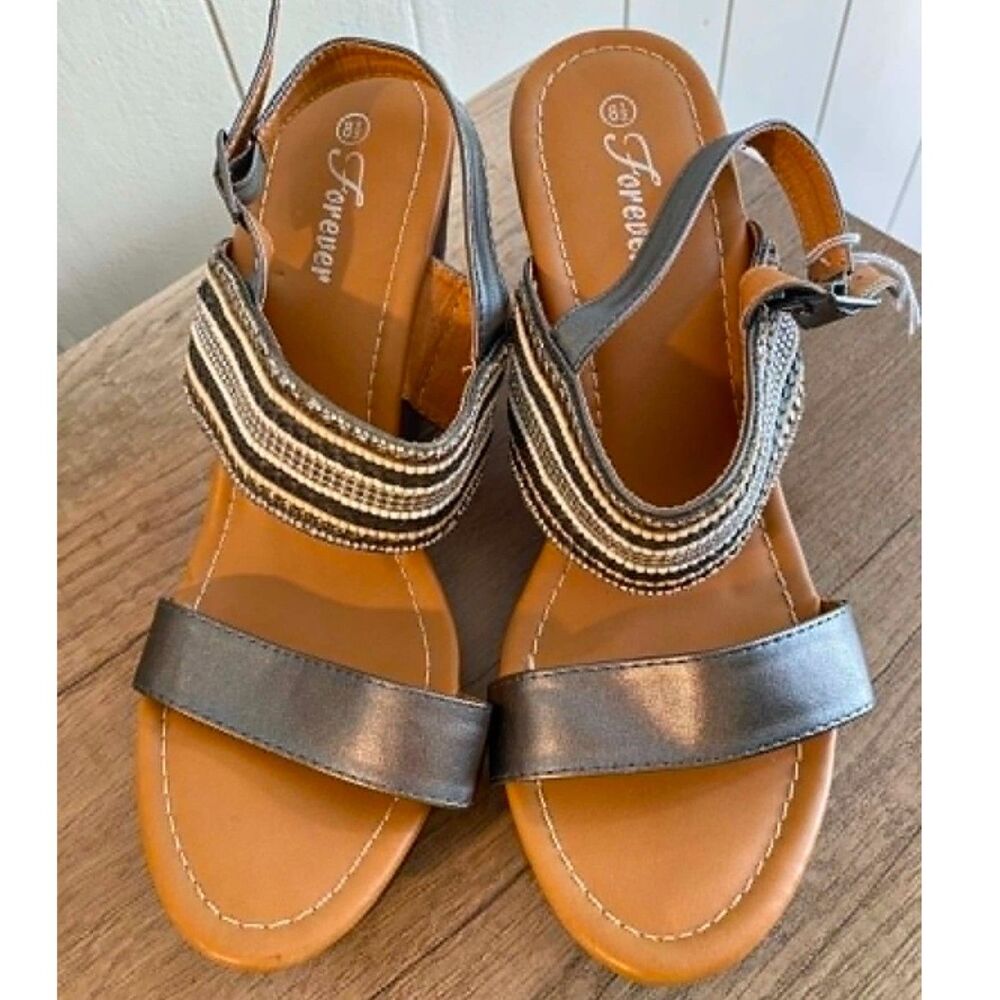 Forever Women's Metallic Bronze Wedge Sandals Beaded Slingback Open Toe Size 8.5